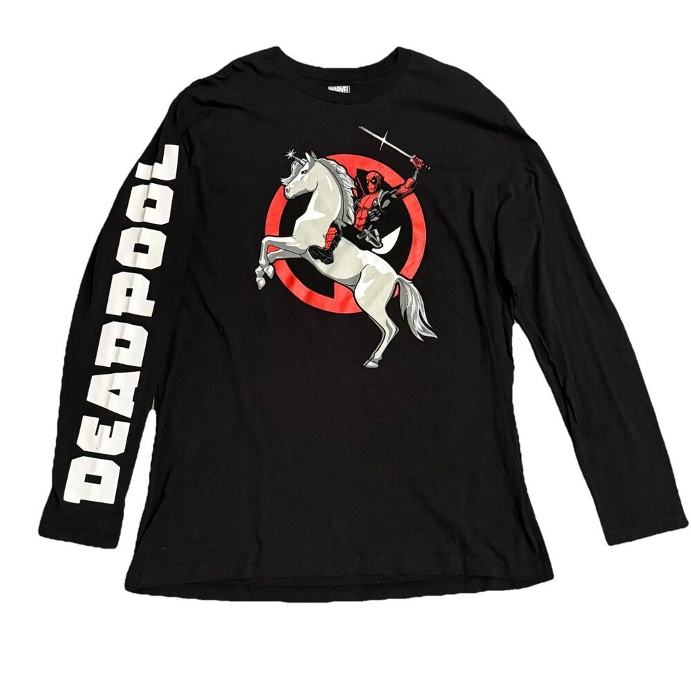 2018 Deadpool on Unicorn Long Sleeve T-Shirt Licensed Marvel Tee Size XL